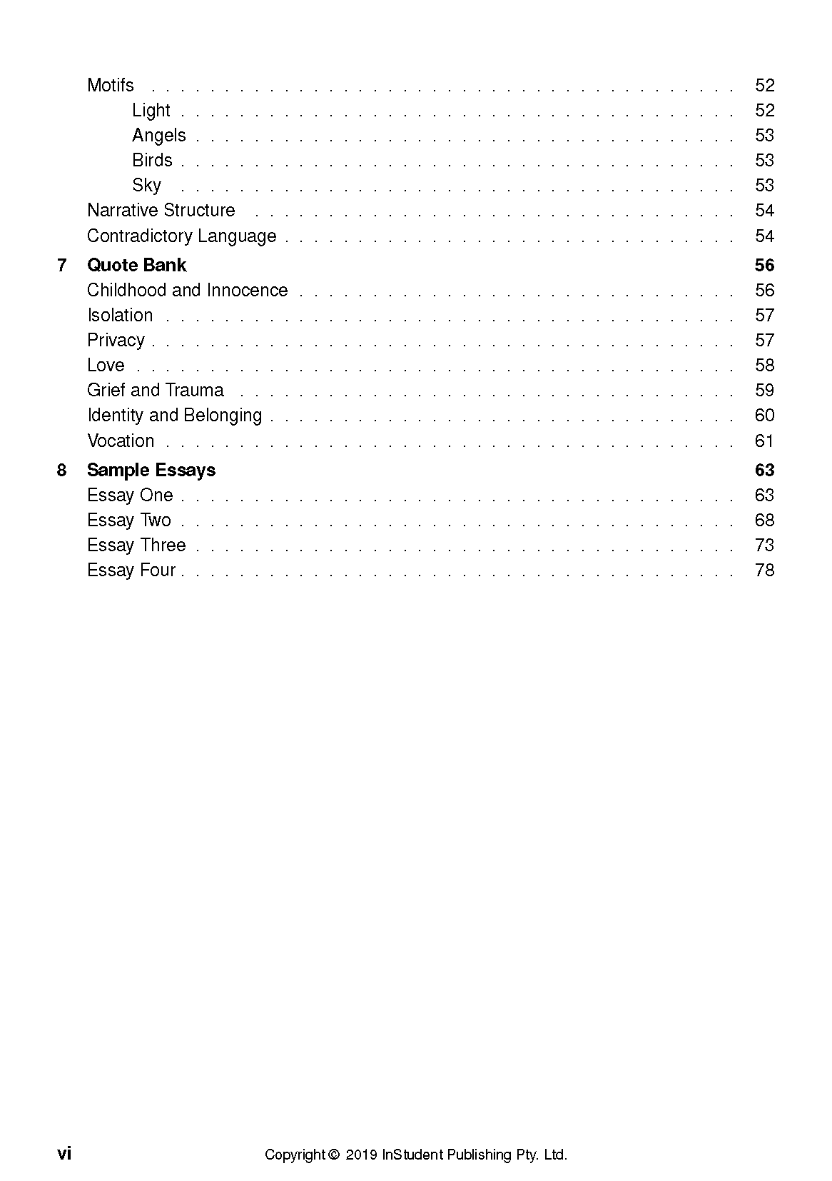 Text Guide for The Golden Age by Joan London showing a table of contents with chapters and page numbers.