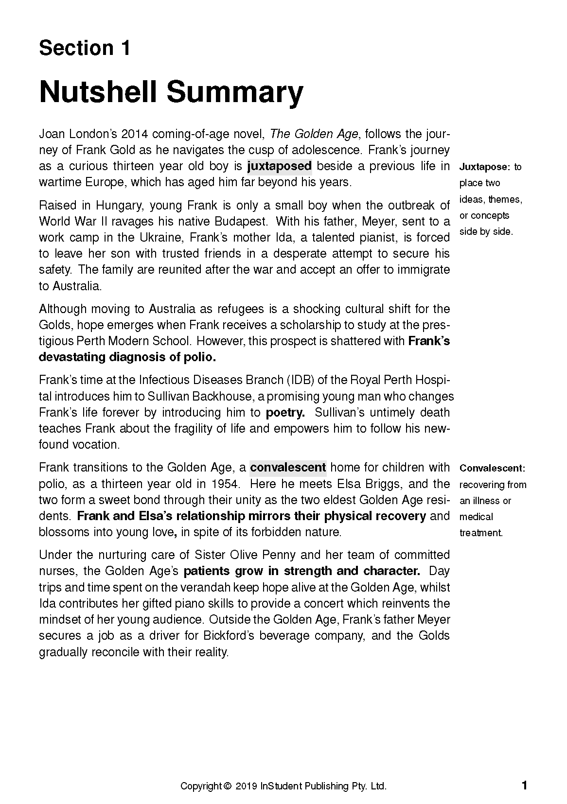 Text Guide page for The Golden Age by Joan London from InStudent Publishing Pty. Ltd., showing a summary with definitions.