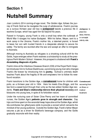 Text Guide page for The Golden Age by Joan London from InStudent Publishing Pty. Ltd., showing a summary with definitions.