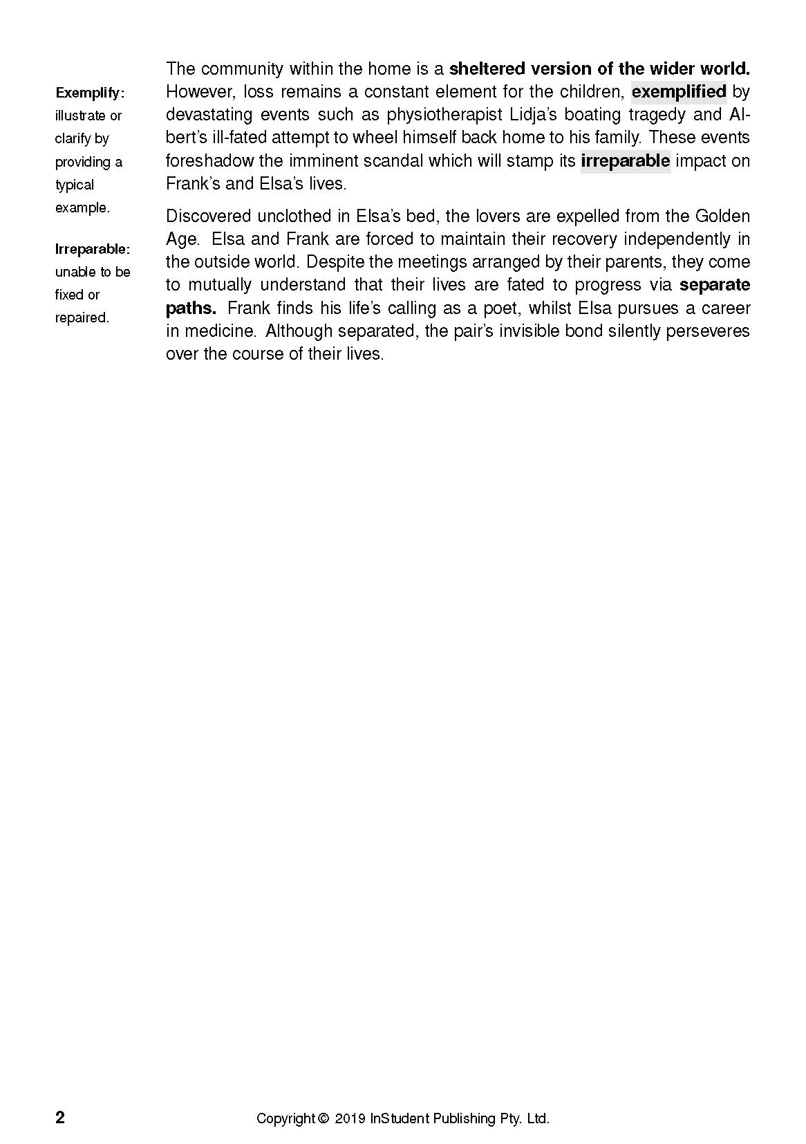 Text Guide page with definitions for 'Exemplify' and 'Irreparable,' and literary analysis text containing highlighted words.