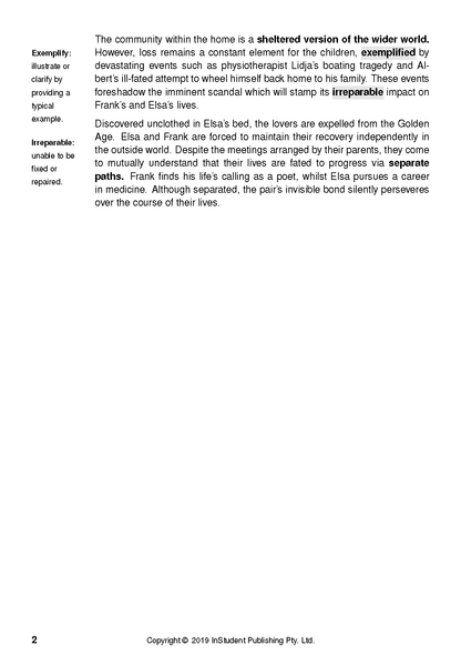 Text Guide page with definitions for 'Exemplify' and 'Irreparable,' and literary analysis text containing highlighted words.