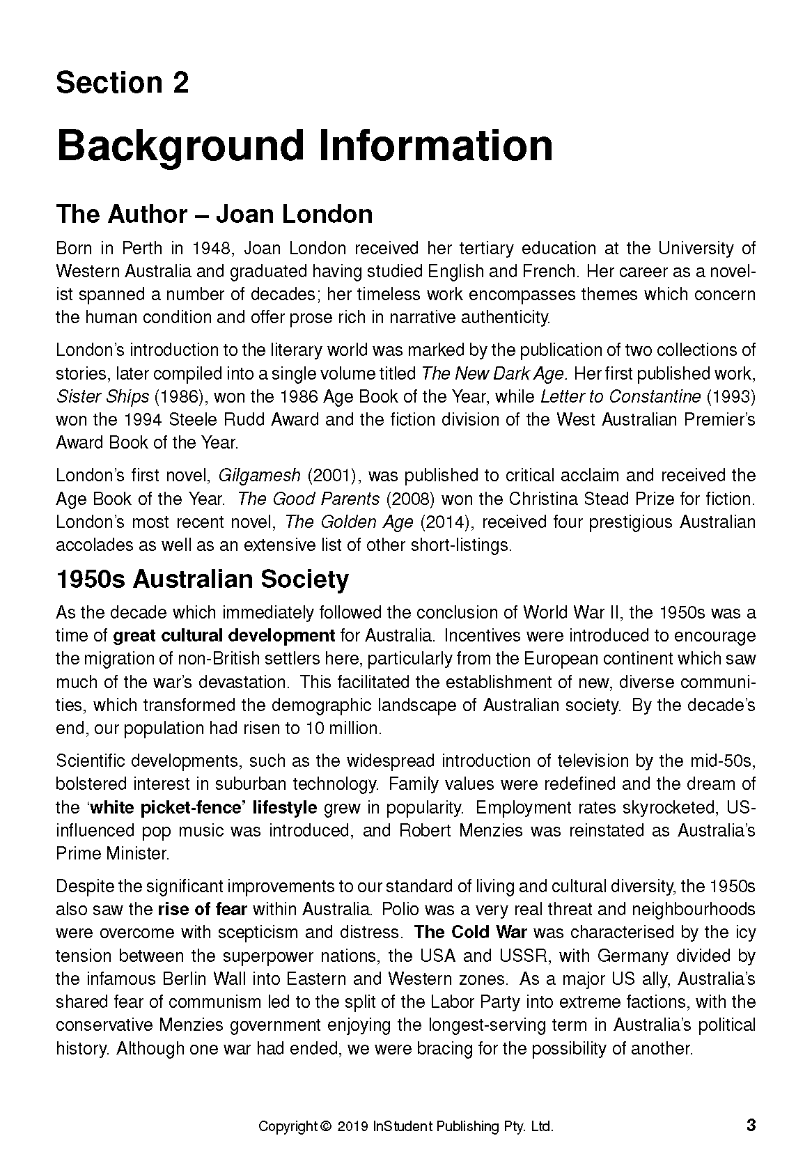 Text Guide page with sections on Joan London and 1950s Australian society.