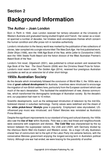 Text Guide page with sections on Joan London and 1950s Australian society.