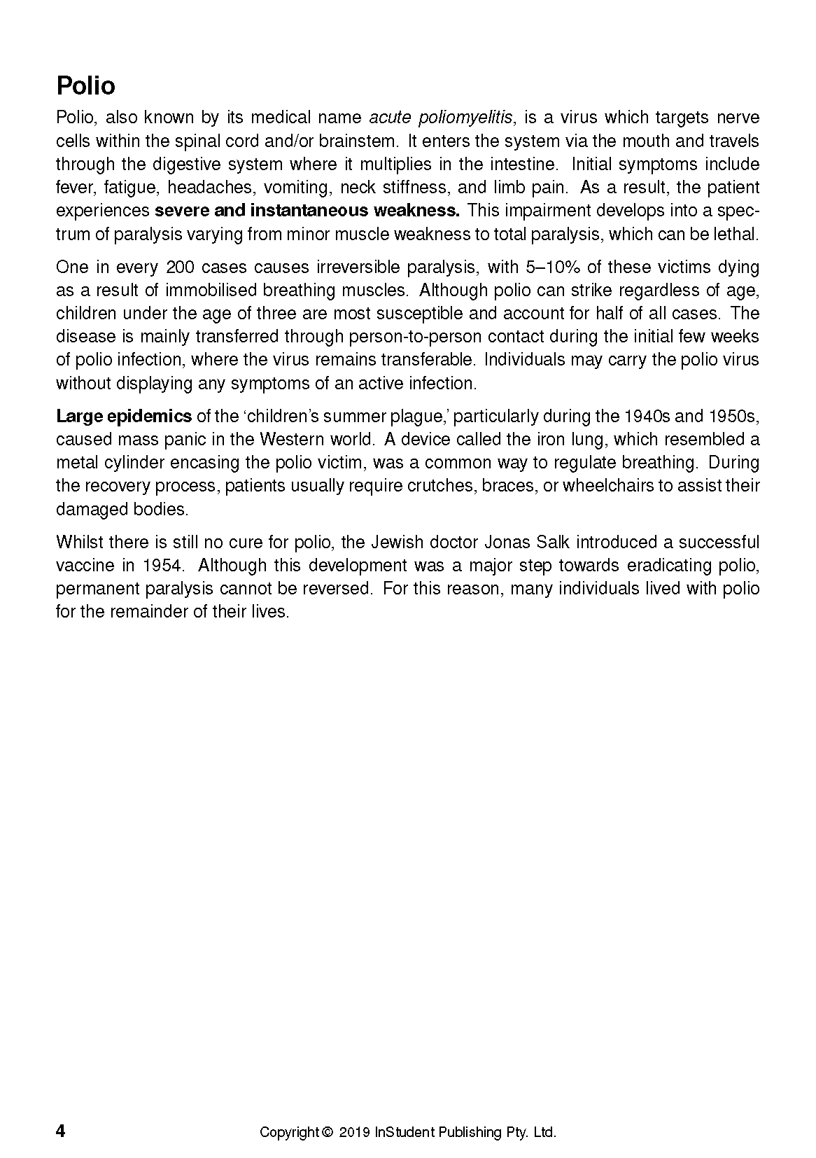 Text guide page displaying information about Polio, with bold medical terms, page number 4, and copyright details.