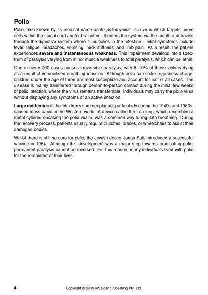 Text guide page displaying information about Polio, with bold medical terms, page number 4, and copyright details.