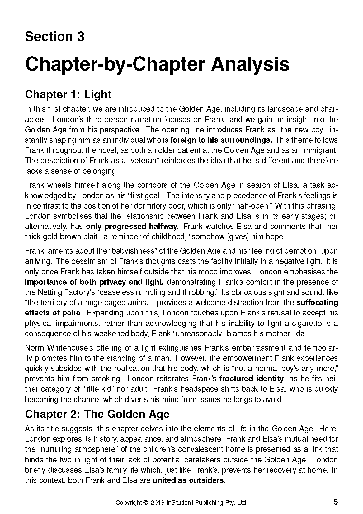 Text guide titled 'The Golden Age' by Joan London, from InStudent Publishing Pty. Ltd., showing Section 3 chapter analysis in black text on white pages.