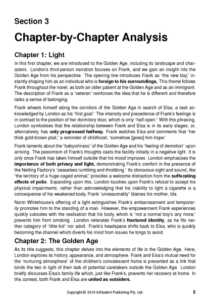 Text guide titled 'The Golden Age' by Joan London, from InStudent Publishing Pty. Ltd., showing Section 3 chapter analysis in black text on white pages.