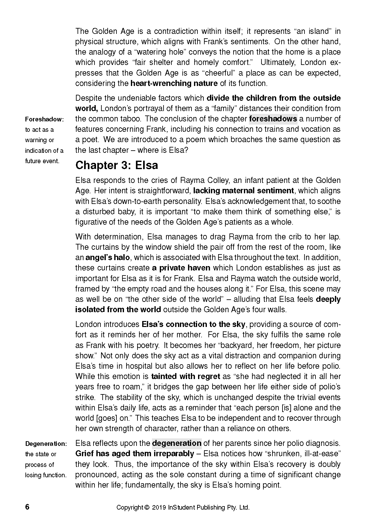 Printed Text Guide page discussing The Golden Age by Joan London, featuring black text on white paper with margin definitions.