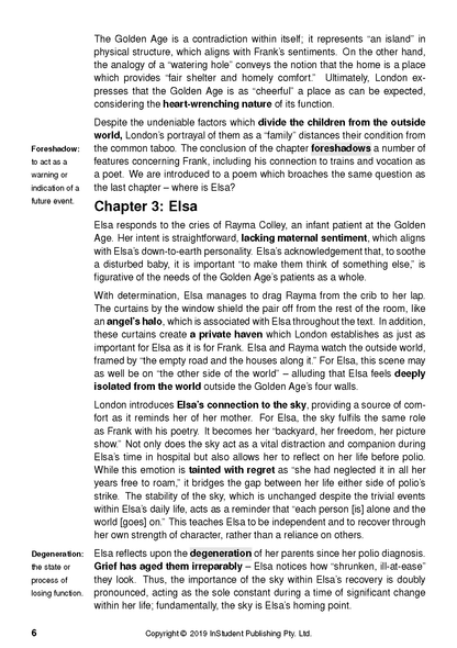 Printed Text Guide page discussing The Golden Age by Joan London, featuring black text on white paper with margin definitions.