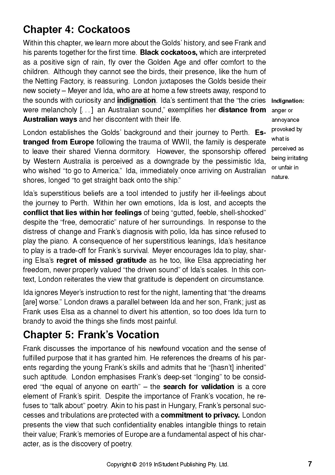 Text guide page about The Golden Age by Joan London, with black text, chapter titles, and page number 7.