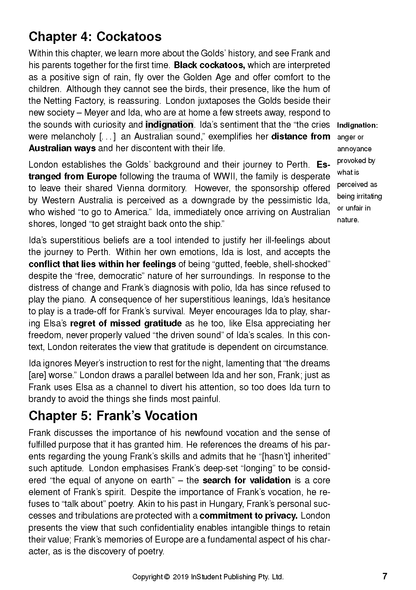 Text guide page about The Golden Age by Joan London, with black text, chapter titles, and page number 7.