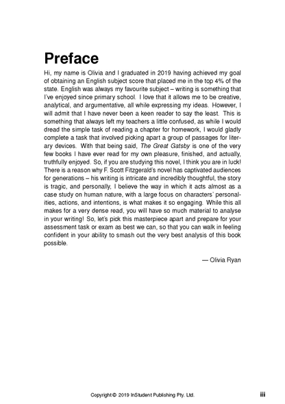 Text Guide page displaying a "Preface" section with black text discussing "The Great Gatsby by F. Scott Fitzgerald," signed Olivia Ryan.