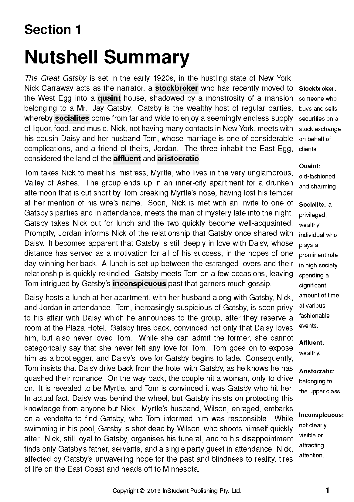 White text guide page displaying a 'Nutshell Summary' of The Great Gatsby, including definitions and copyright information.