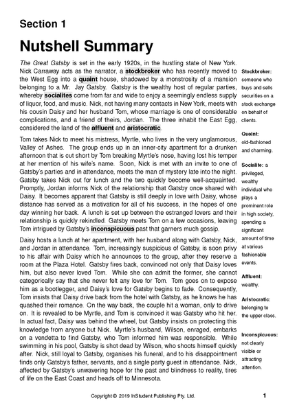 White text guide page displaying a 'Nutshell Summary' of The Great Gatsby, including definitions and copyright information.