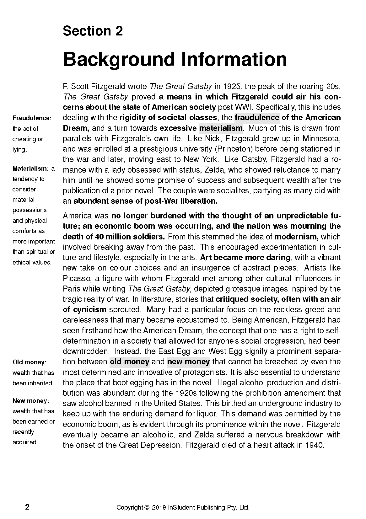 Text guide page showing 'Section 2 Background Information' for The Great Gatsby with definitions of Fraudulence, Materialism, Old money, New money.