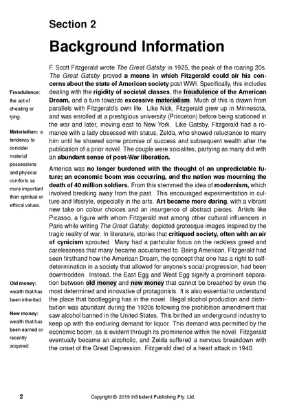 Text guide page showing 'Section 2 Background Information' for The Great Gatsby with definitions of Fraudulence, Materialism, Old money, New money.