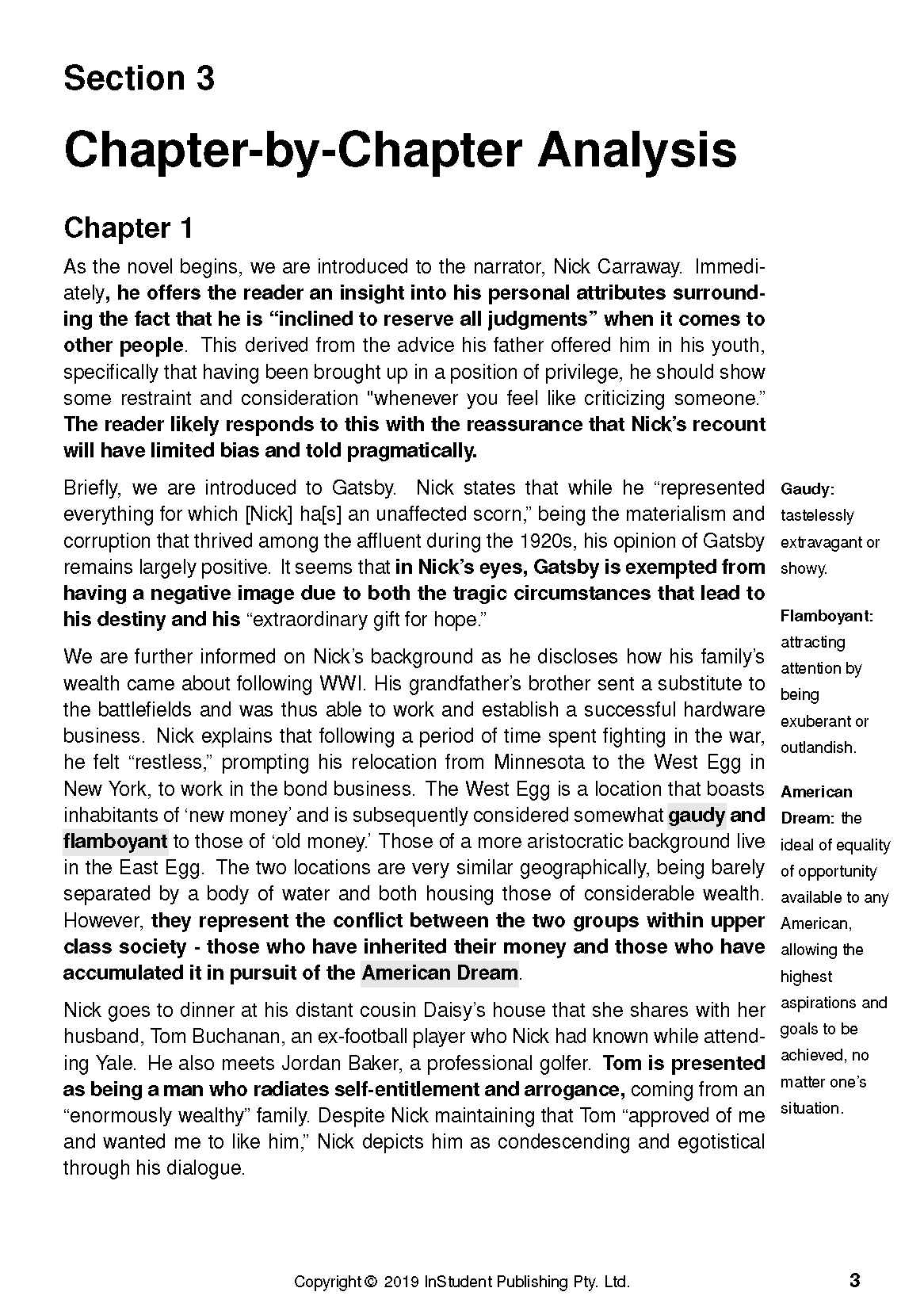 Text Guide page displaying Chapter-by-Chapter Analysis for The Great Gatsby with text and marginal definitions.