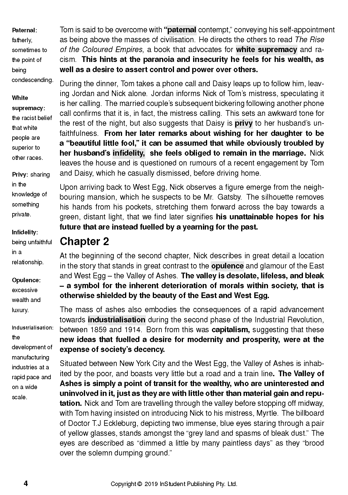 Printed Text Guide for The Great Gatsby by F Scott Fitzgerald, featuring black text on a white page with marginal definitions and highlighted words.