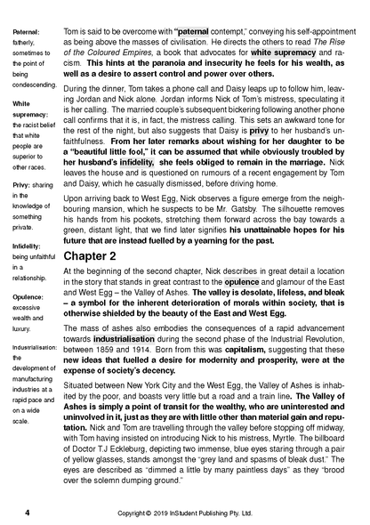 Printed Text Guide for The Great Gatsby by F Scott Fitzgerald, featuring black text on a white page with marginal definitions and highlighted words.
