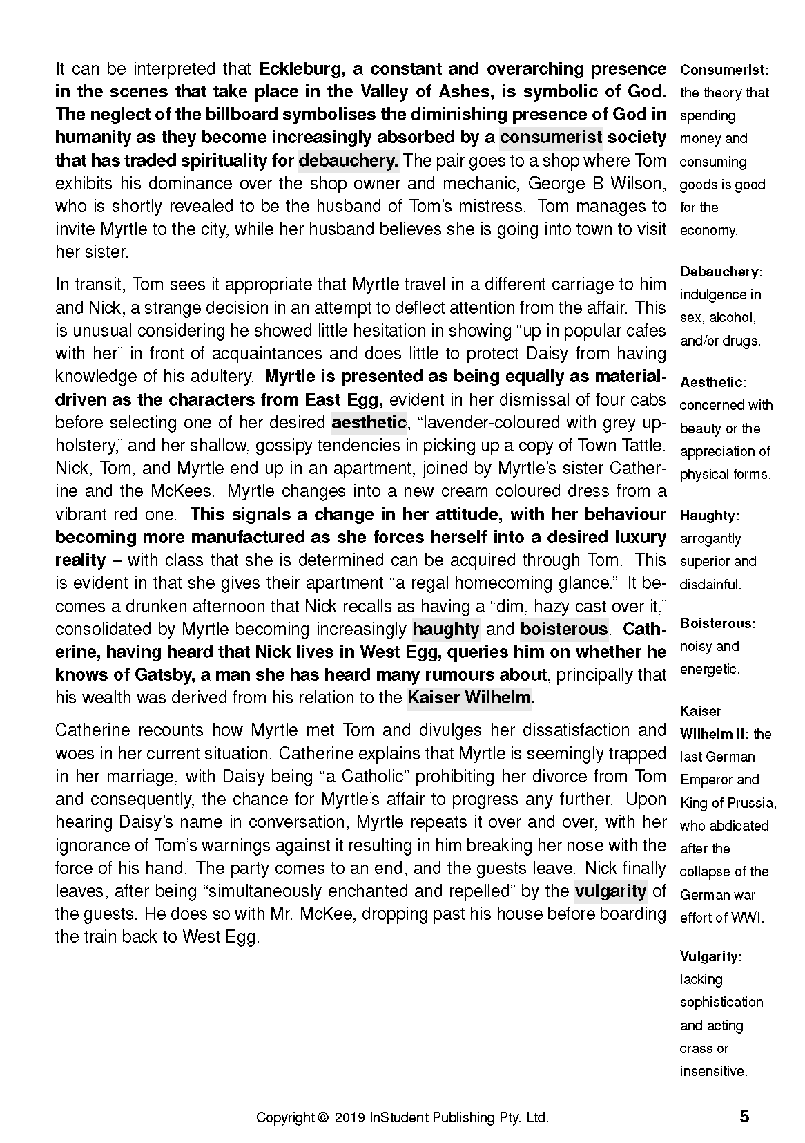 Text Guide page for The Great Gatsby from InStudent Publishing Pty. Ltd. with black text, bold words, and sidebar definitions on a white background.