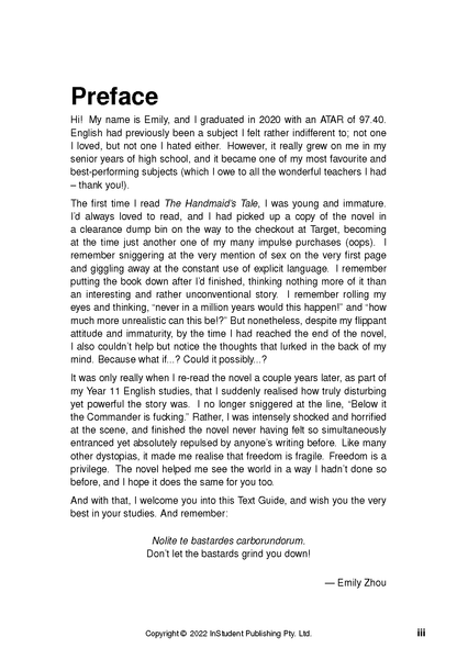 White text guide page for The Handmaid's Tale by InStudent Publishing Pty. Ltd., titled Preface, with black text.