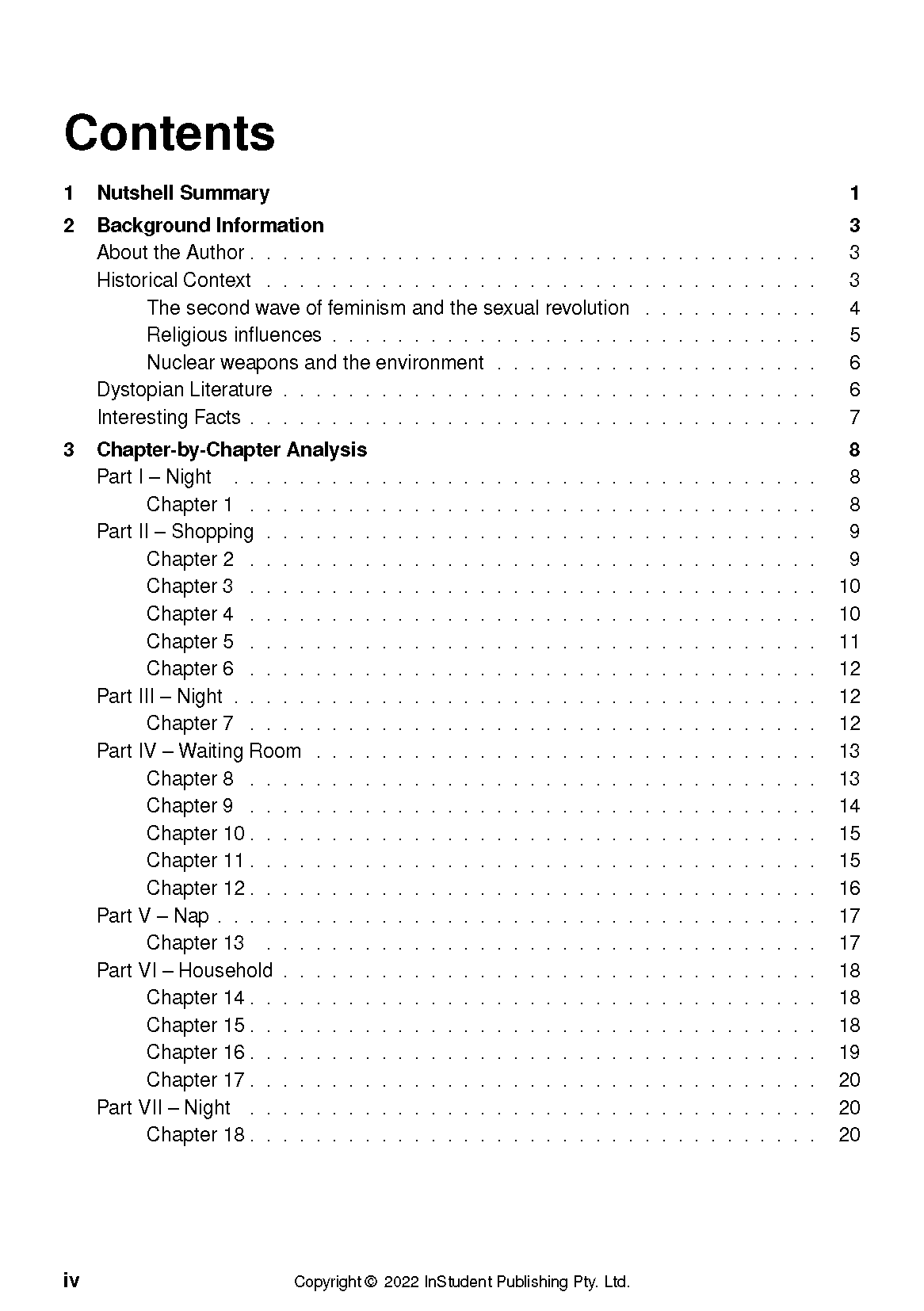 Table of contents from a text guide about The Handmaid's Tale, showing sections, chapters, and page numbers.