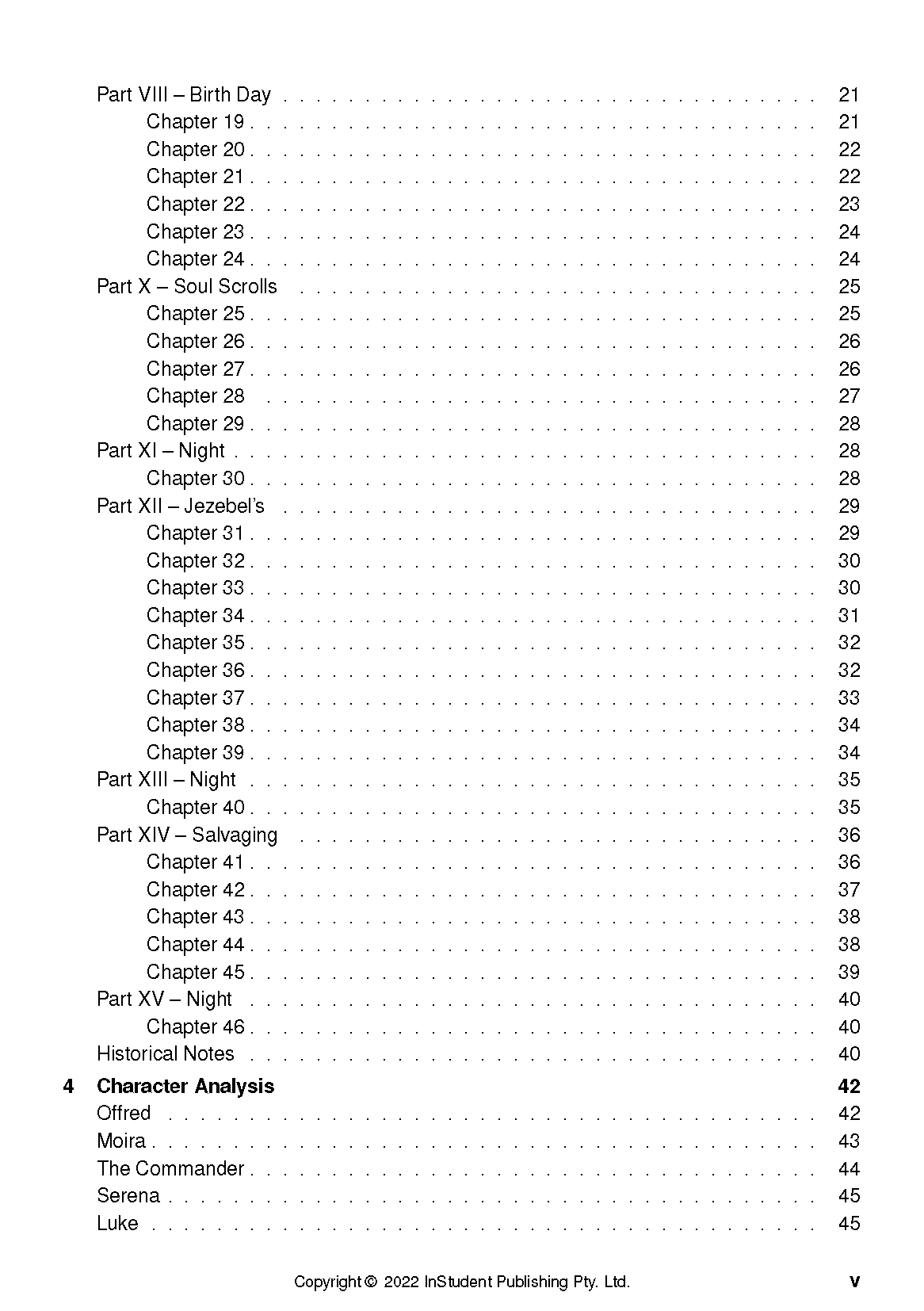 Text Guide page for The Handmaid's Tale, displaying a table of contents with chapter titles and page numbers on a white background.