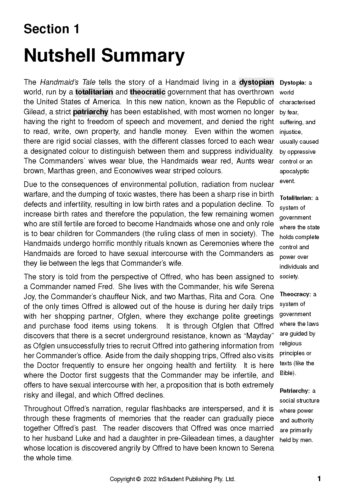 Text Guide for The Handmaid's Tale by InStudent Publishing Pty. Ltd., displaying a summary page with definitions.