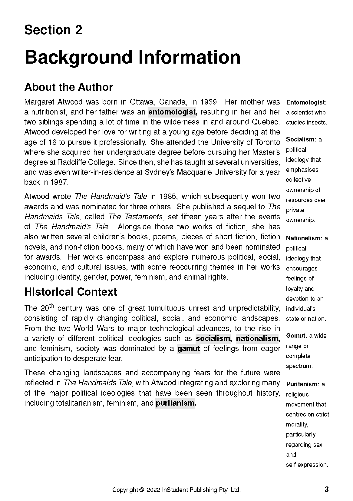 White text guide page by InStudent Publishing Pty. Ltd. detailing Margaret Atwood's background and defining key terms.