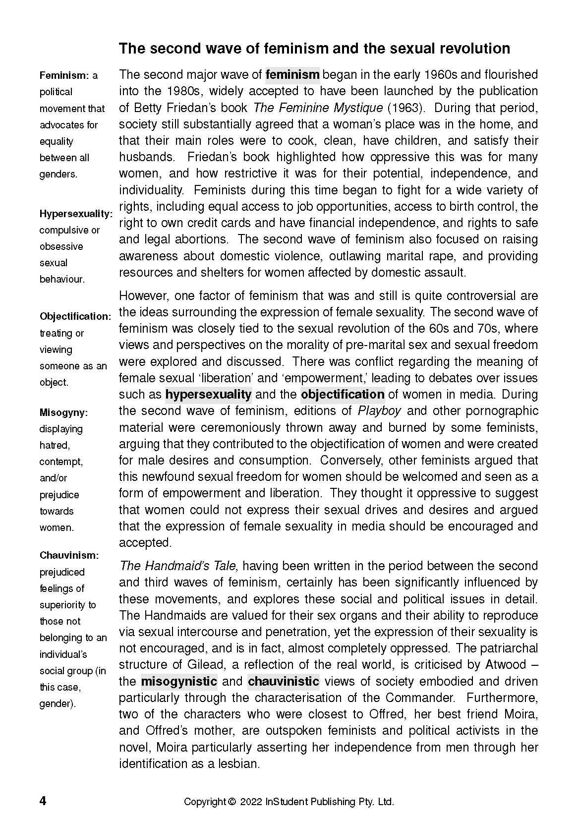 Text Guide by InStudent Publishing Pty. Ltd. showing a page with definitions of feminist terms and analysis of 'The Handmaid's Tale'.