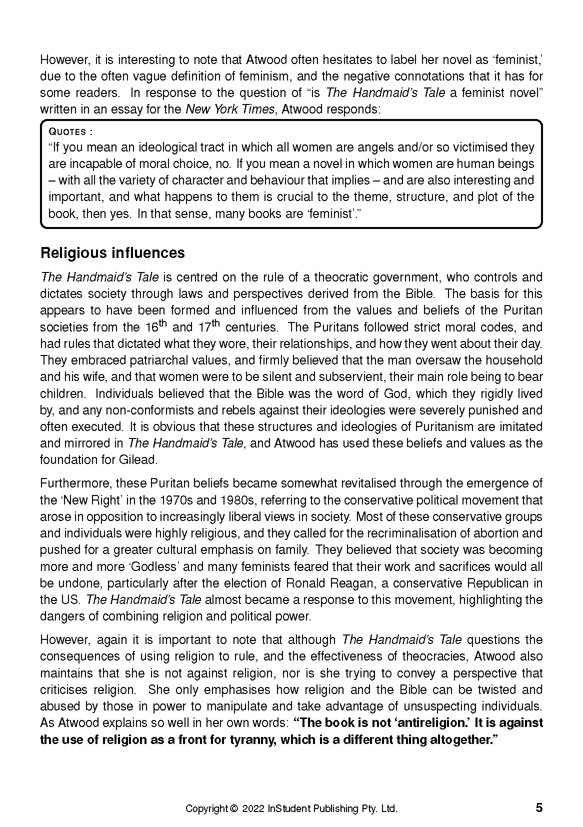 White text guide page with black text, featuring a quote box and a 'Religious influences' heading.