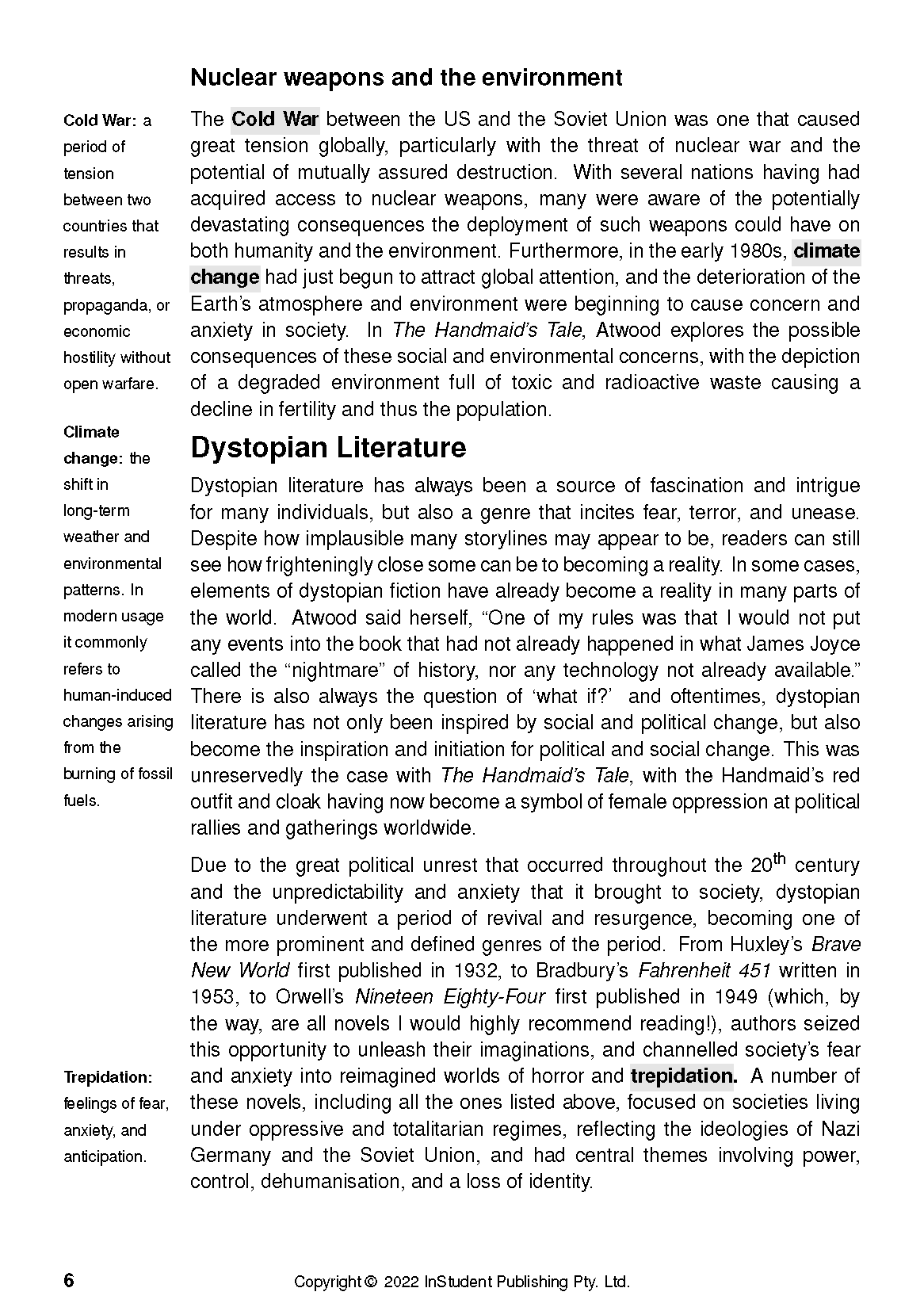 Page from a text guide featuring sections on nuclear weapons and dystopian literature, with definitions in a left column.