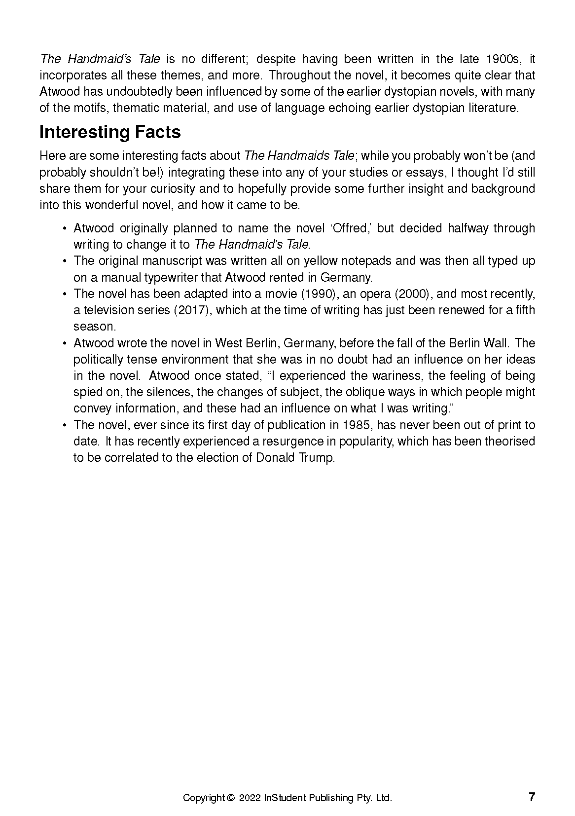 White text guide page by InStudent Publishing Pty. Ltd. detailing interesting facts about The Handmaid's Tale.