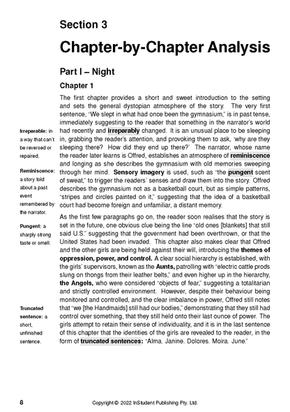 Text guide for The Handmaid's Tale by InStudent Publishing Pty. Ltd., displaying a chapter analysis page with definitions.