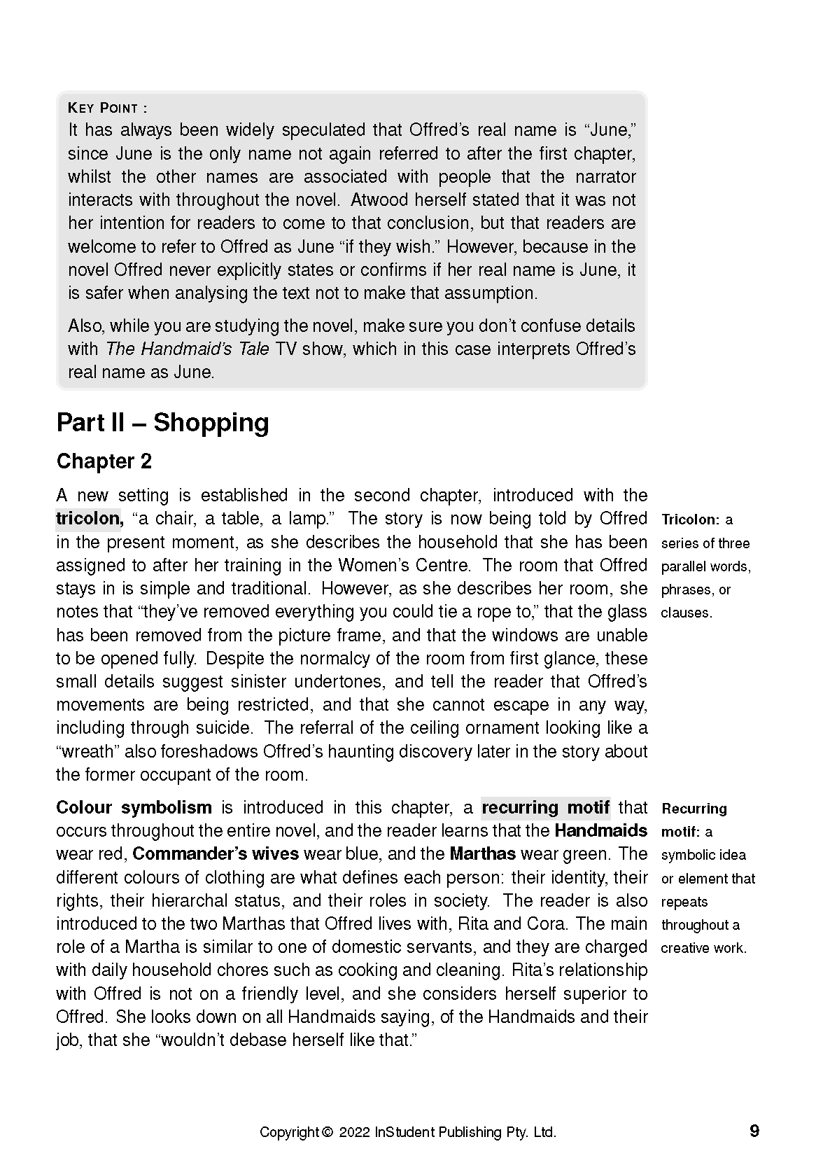 Printed page from a text guide by InStudent Publishing, featuring black text on a white background discussing 'The Handmaid's Tale' and literary terms.