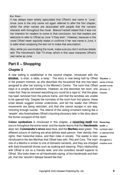 Printed page from a text guide by InStudent Publishing, featuring black text on a white background discussing 'The Handmaid's Tale' and literary terms.