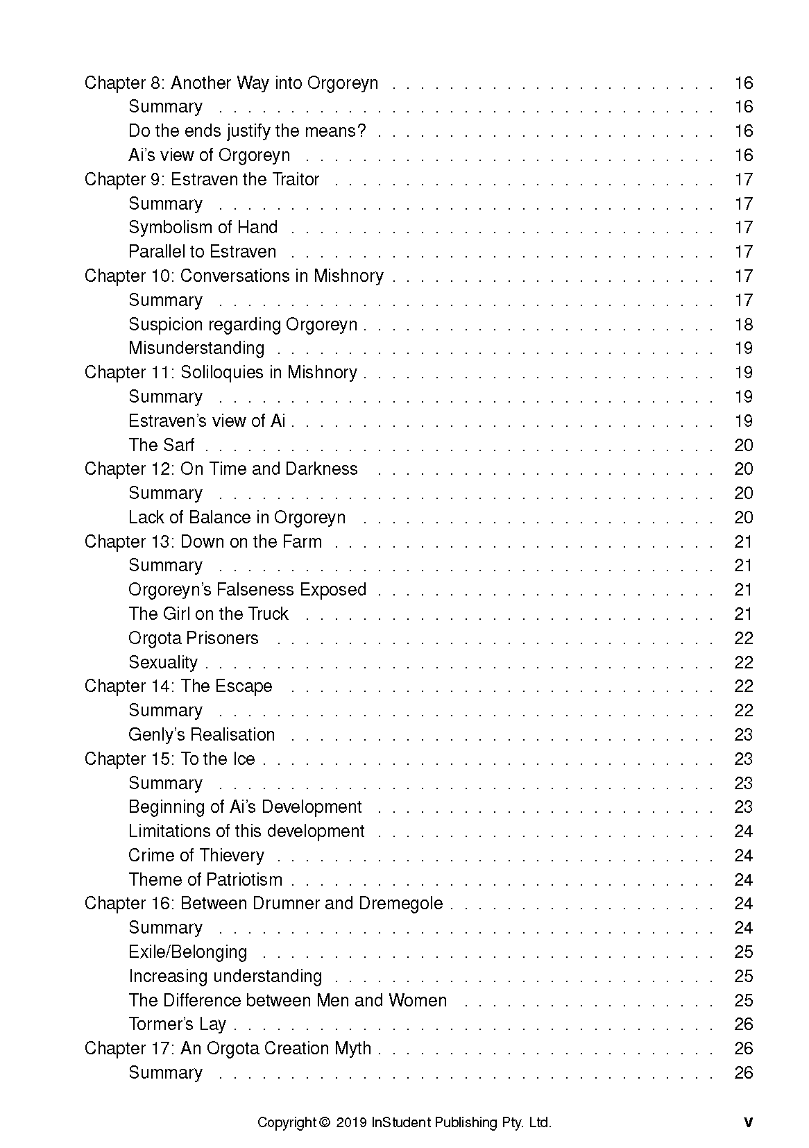 Black and white text guide by InStudent Publishing Pty. Ltd. displaying a detailed table of contents from Chapter 8 to 17.