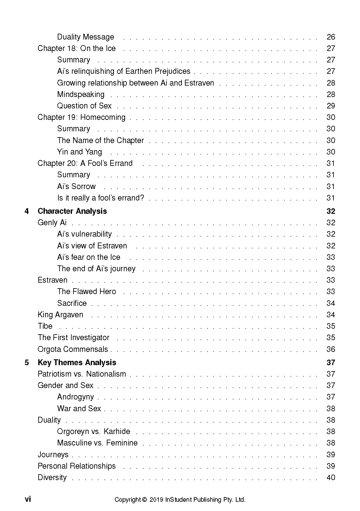 Text Guide page showing a detailed table of contents with chapters on Duality Message, Character Analysis, and Key Themes Analysis, featuring dotted lines and page numbers.