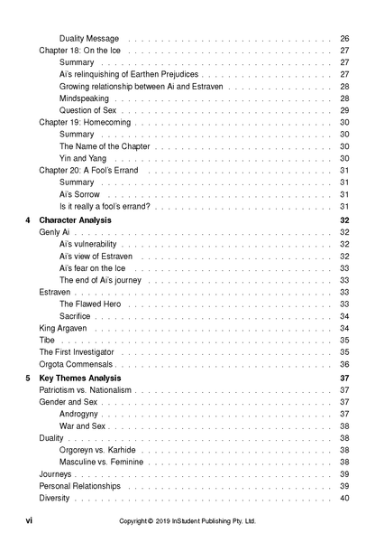Text Guide page showing a detailed table of contents with chapters on Duality Message, Character Analysis, and Key Themes Analysis, featuring dotted lines and page numbers.