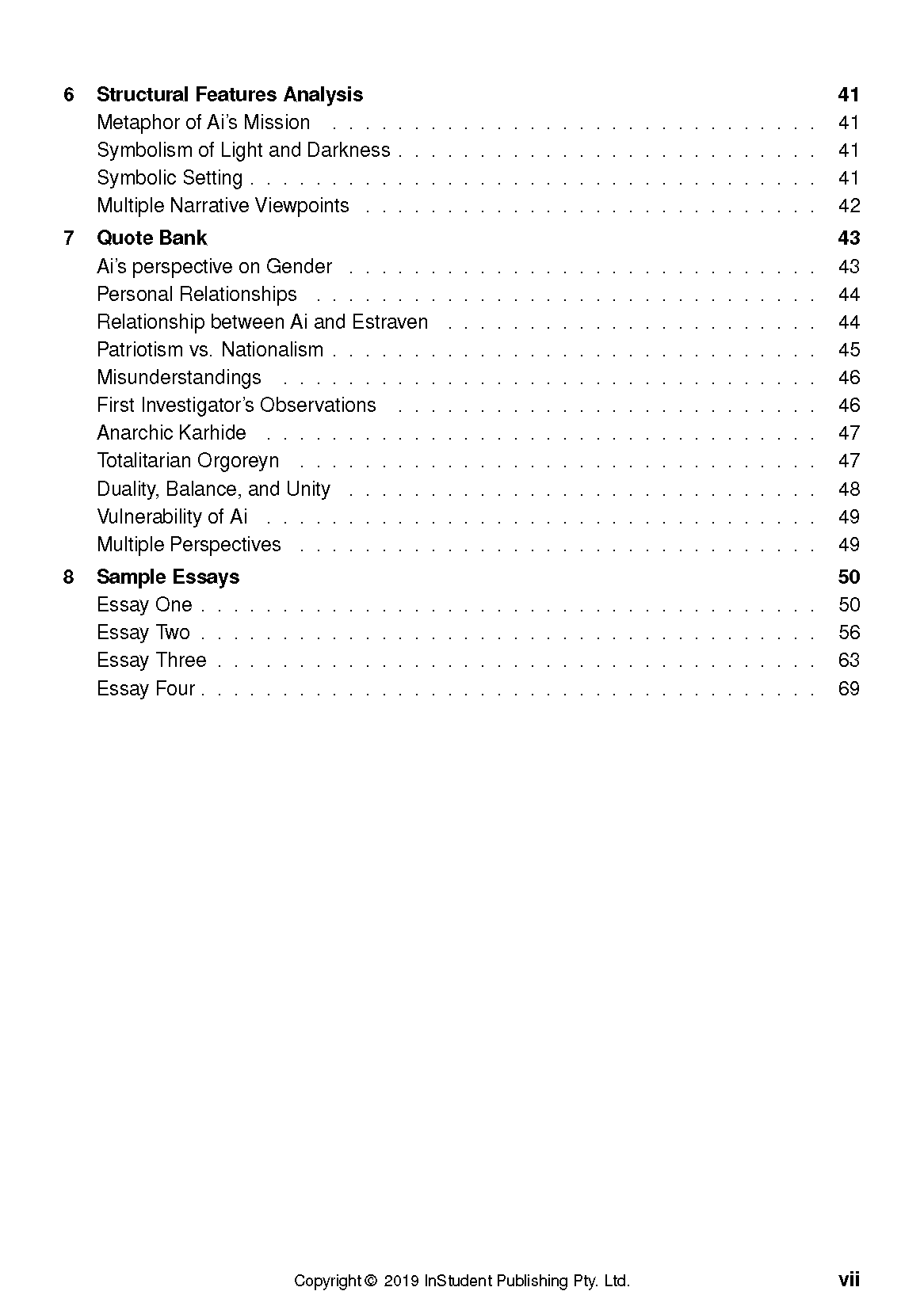 A text guide page displaying a table of contents with sections like Structural Features Analysis and Sample Essays, including page numbers and a copyright notice.