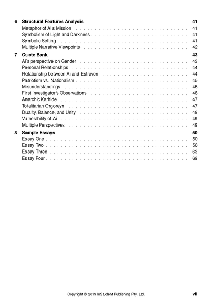 A text guide page displaying a table of contents with sections like Structural Features Analysis and Sample Essays, including page numbers and a copyright notice.