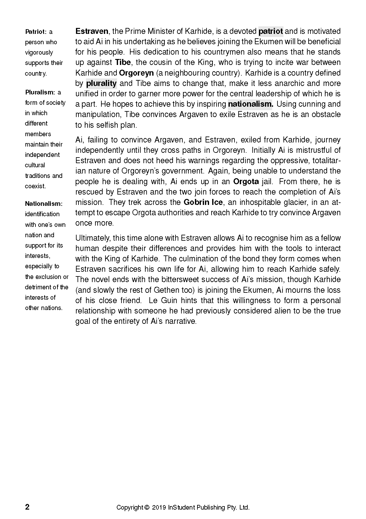 Text guide page with literary definitions in the left column and analytical text in the right column.