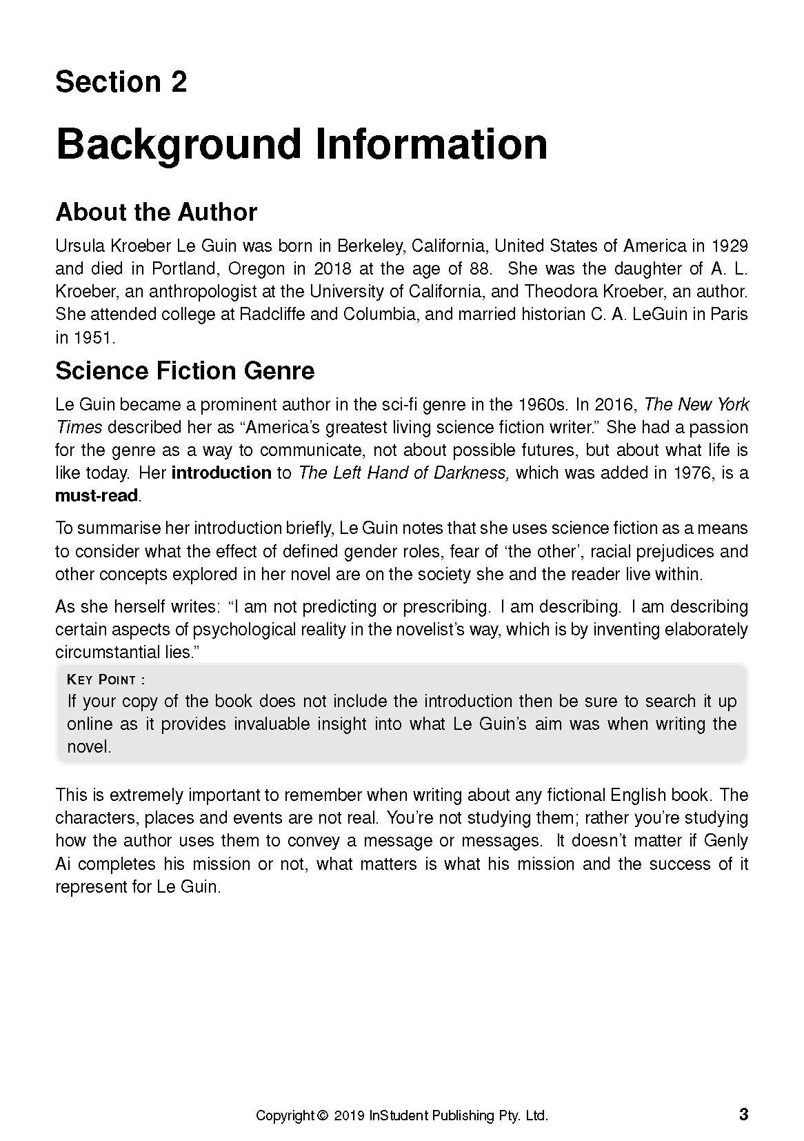 Text Guide for The Left Hand of Darkness by Ursula Le Guin, showing a page with background information on the author and genre.