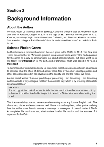 Text Guide for The Left Hand of Darkness by Ursula Le Guin, showing a page with background information on the author and genre.