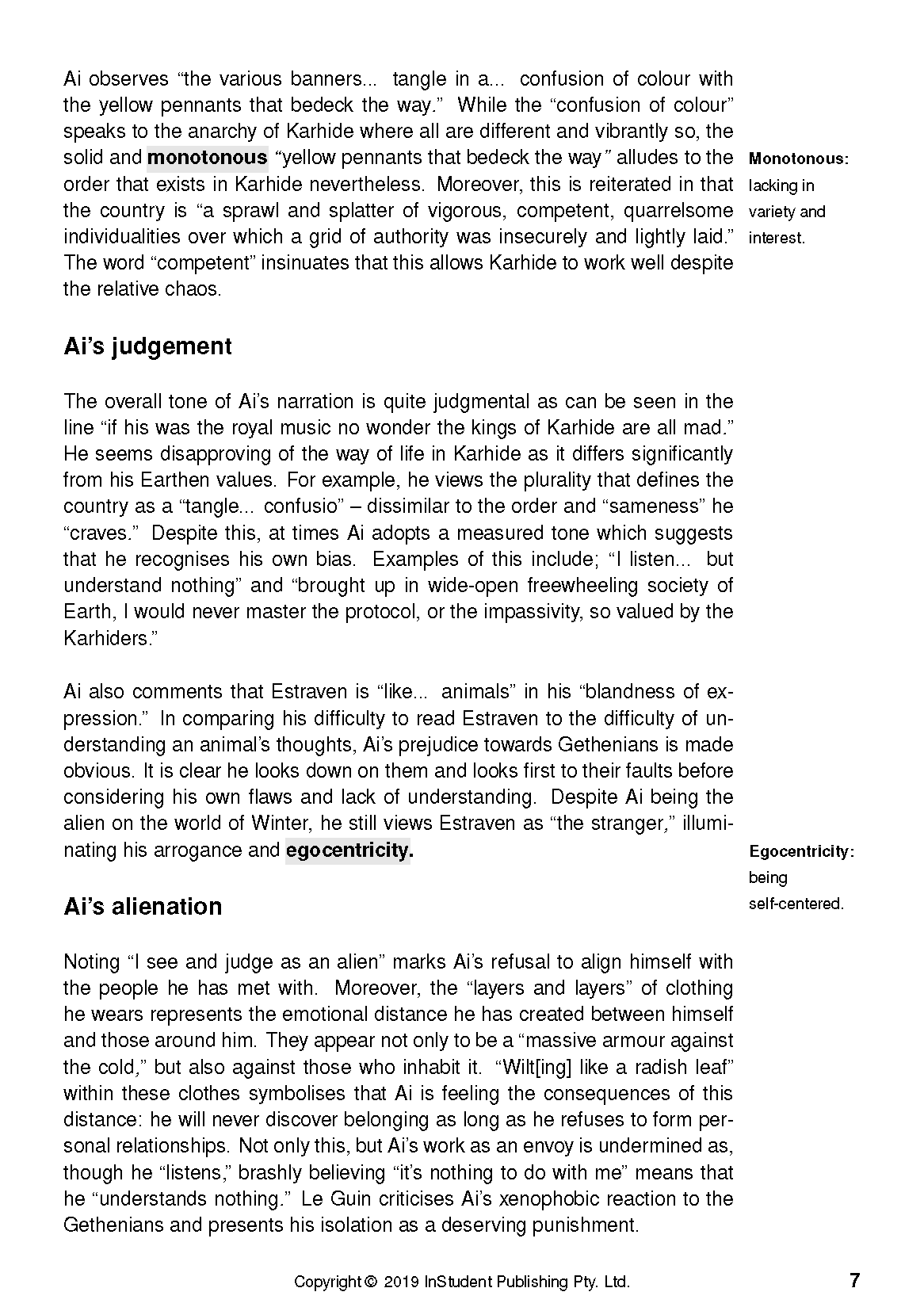 Text Guide page with black text on white, displaying headings 'Ai’s judgement' and 'Ai’s alienation' and page number 7.