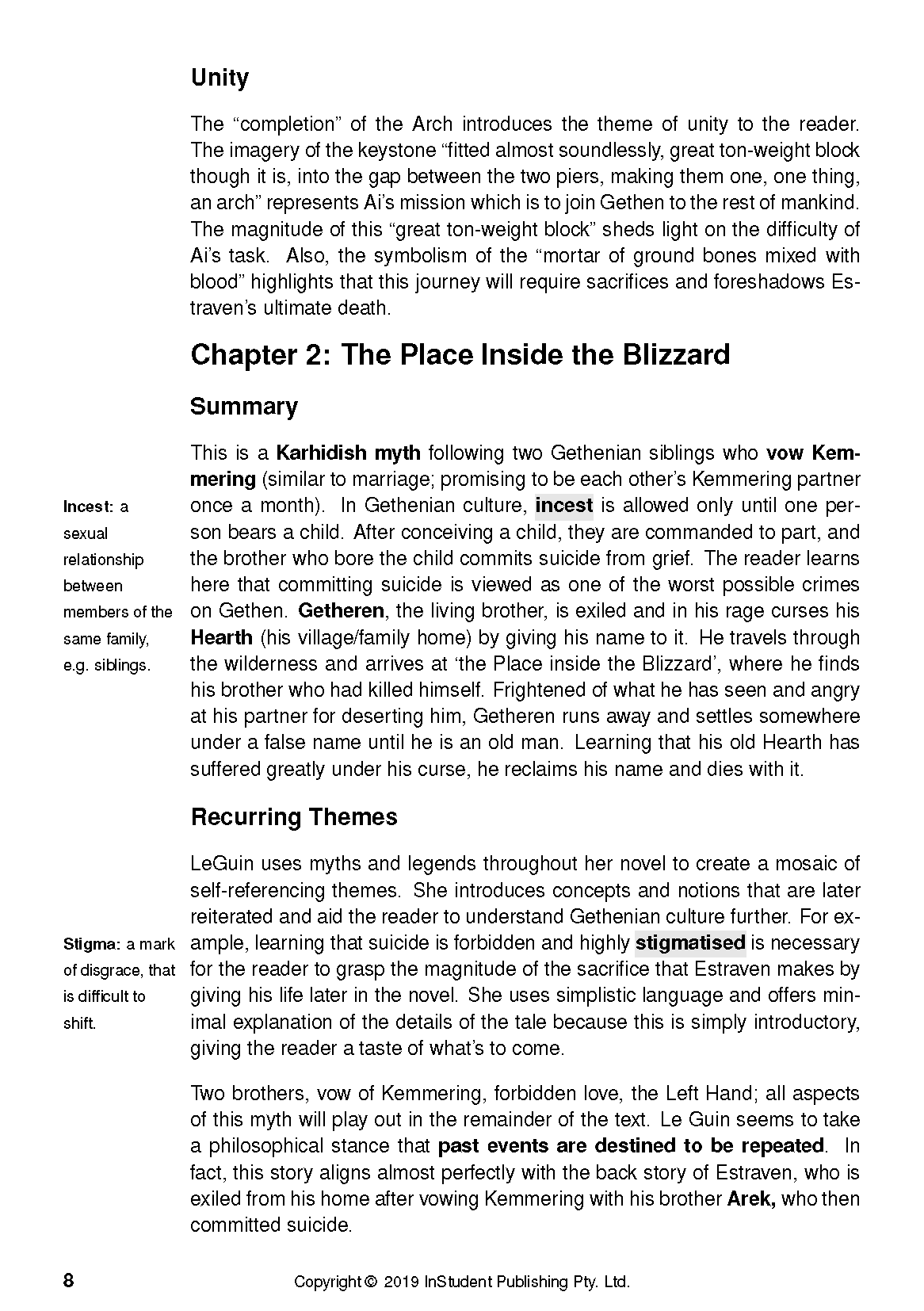 Text guide page featuring black text on a white background, covering 'Unity', 'The Place Inside the Blizzard Summary', and 'Recurring Themes' with marginal definitions.