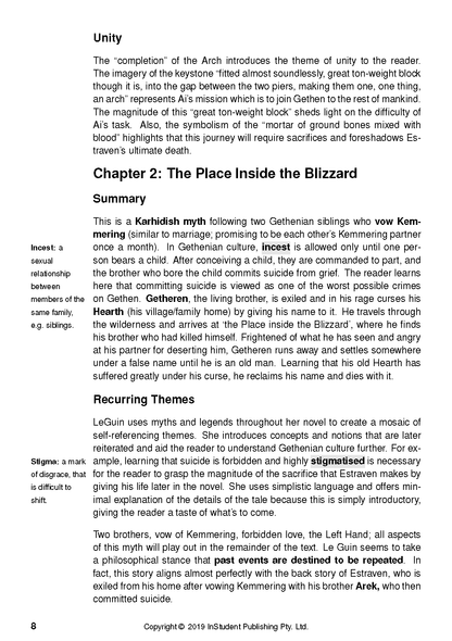 Text guide page featuring black text on a white background, covering 'Unity', 'The Place Inside the Blizzard Summary', and 'Recurring Themes' with marginal definitions.
