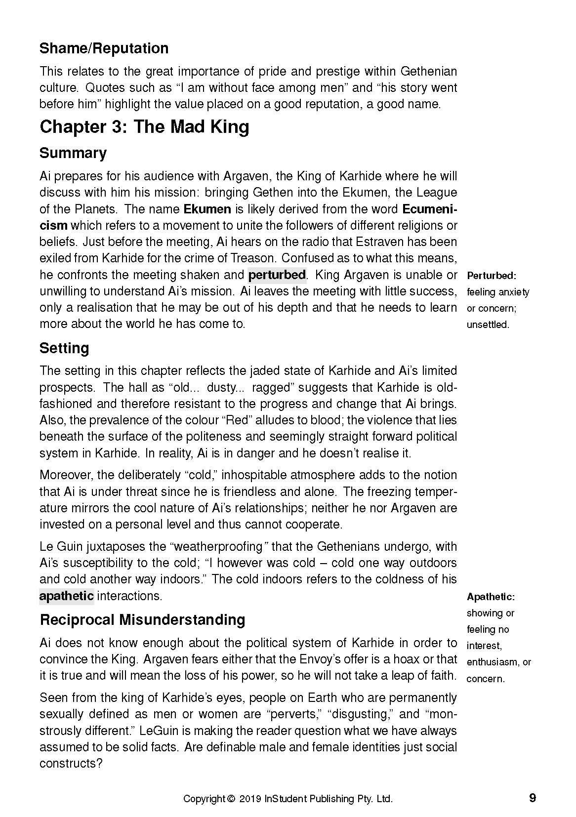 Printed text guide by InStudent Publishing Pty. Ltd. with black text on a white page, featuring chapter analysis and definitions.