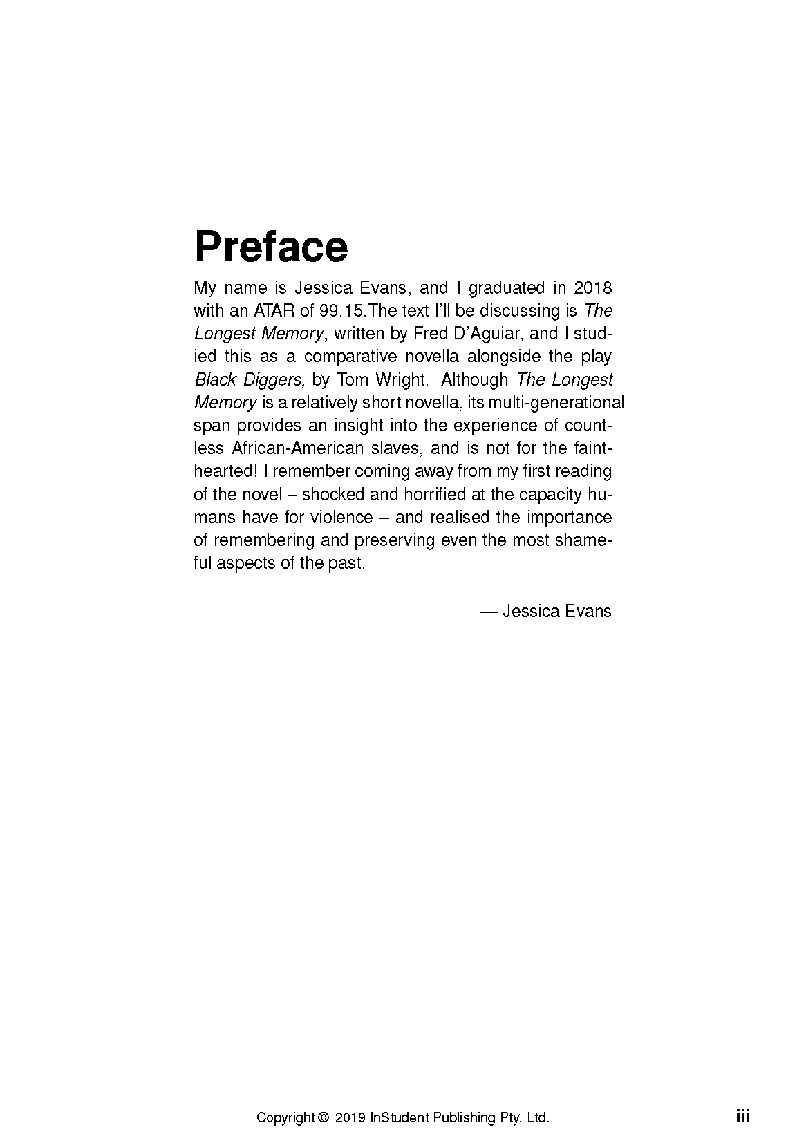 Text guide page showing a preface discussing 'The Longest Memory' and 'Black Diggers', signed by Jessica Evans.