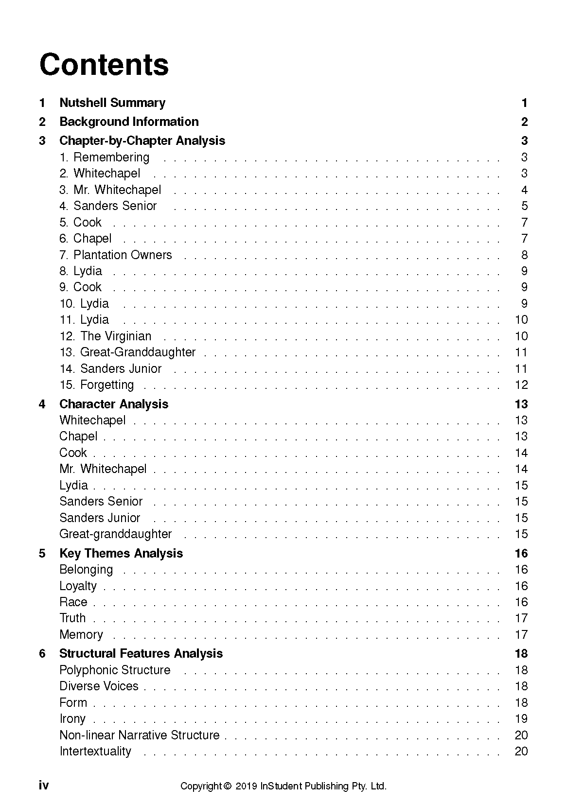 Text Guide displaying its contents page with sections like 'Nutshell Summary', 'Character Analysis', and 'Key Themes Analysis' in black text on a white background.